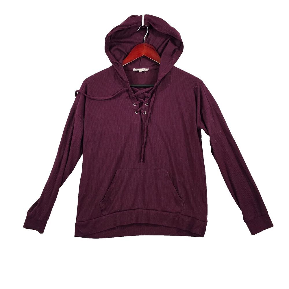 Pink‎ Republic Women's Long Sleeve Lace-Up Top Hooded Ribbed Knit Purple Small